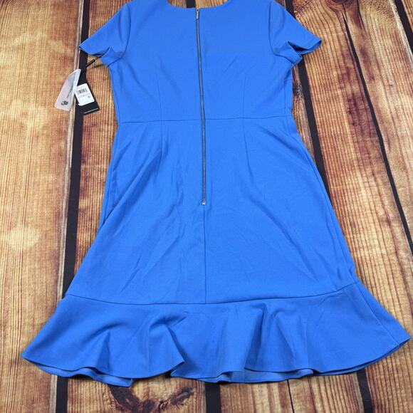 New Karl Lagerfeld Flared Ruffle Dress Womens 6 Blue Short Sleeve Back Zip Paris - Picture 9 of 11